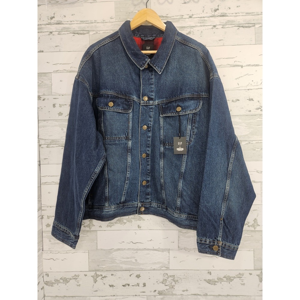 GAP x Stranger Things Denim Trucker Jacket XL Hellfire Club Plaid Lined